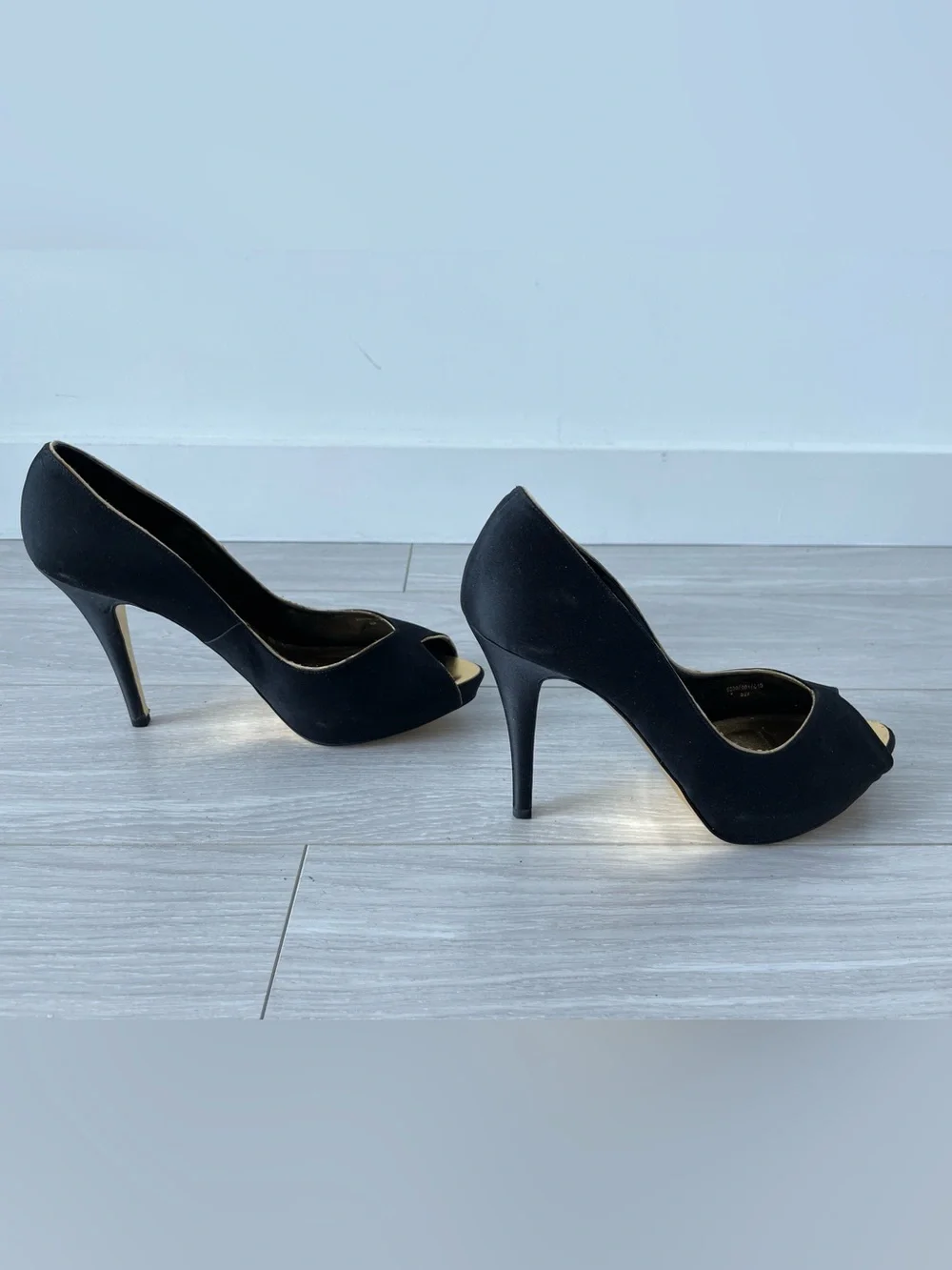 Zara Black Peep-Toe Satin Pumps with Gold Trim Size 40